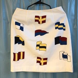 Vintage Talbot white pencil skirt featuring an all-over maritime flag print